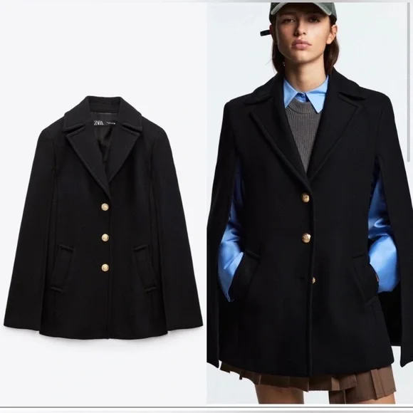 Zara Manteco Wool Blend Black Cape Coat with Gold Buttons women’s size L - Picture 1 of 9